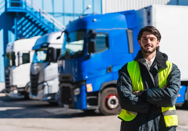 Mann steht vor einer Reihe von Lkw/Sattelschleppern
