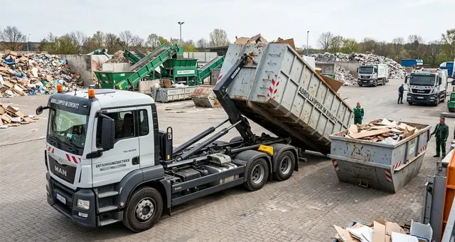 Abrollkipper eines Entsorgungsunternehmens im täglichen Einsatz (KI-Generiertes Symbolbild)