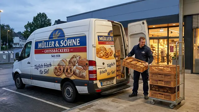 Lieferfahrzeug einer Großbäckerei bei der Auslieferung von Backwaren (KI-Generiertes Symbolbild)
