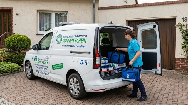 Versicherter Transporter eines mobilen Pflegedienstes (KI-Generiertes Symbolbild)